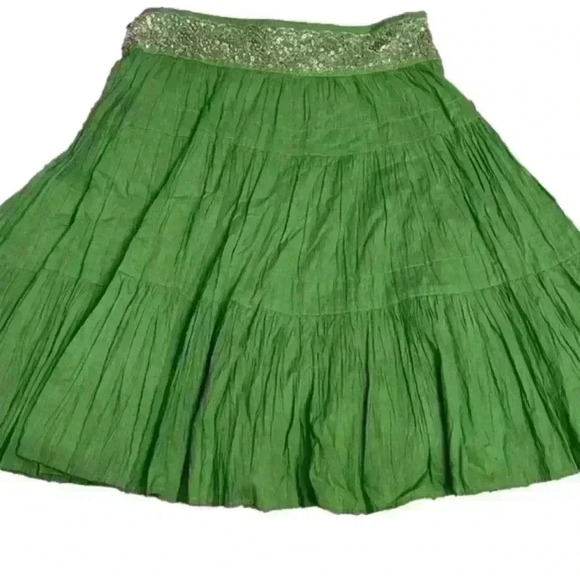 BCBGMAXAZRIA Voile Knee Length Skirt High Waist Tiered Sequins Green Size XS - Picture 1 of 4